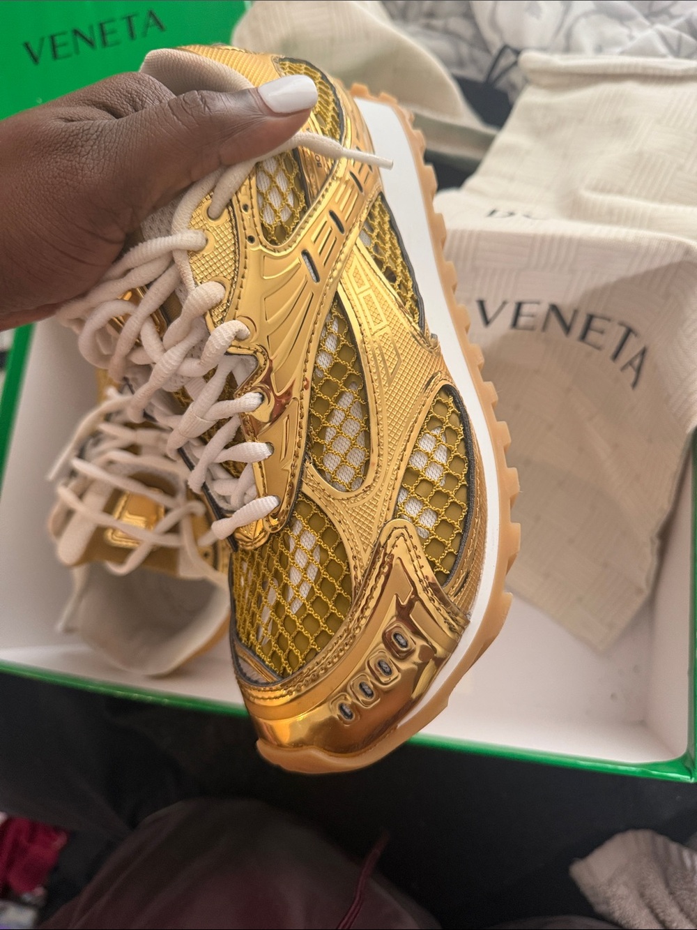Bottega Veneta Women’s Metallic Gold Mesh Trail Sneakers